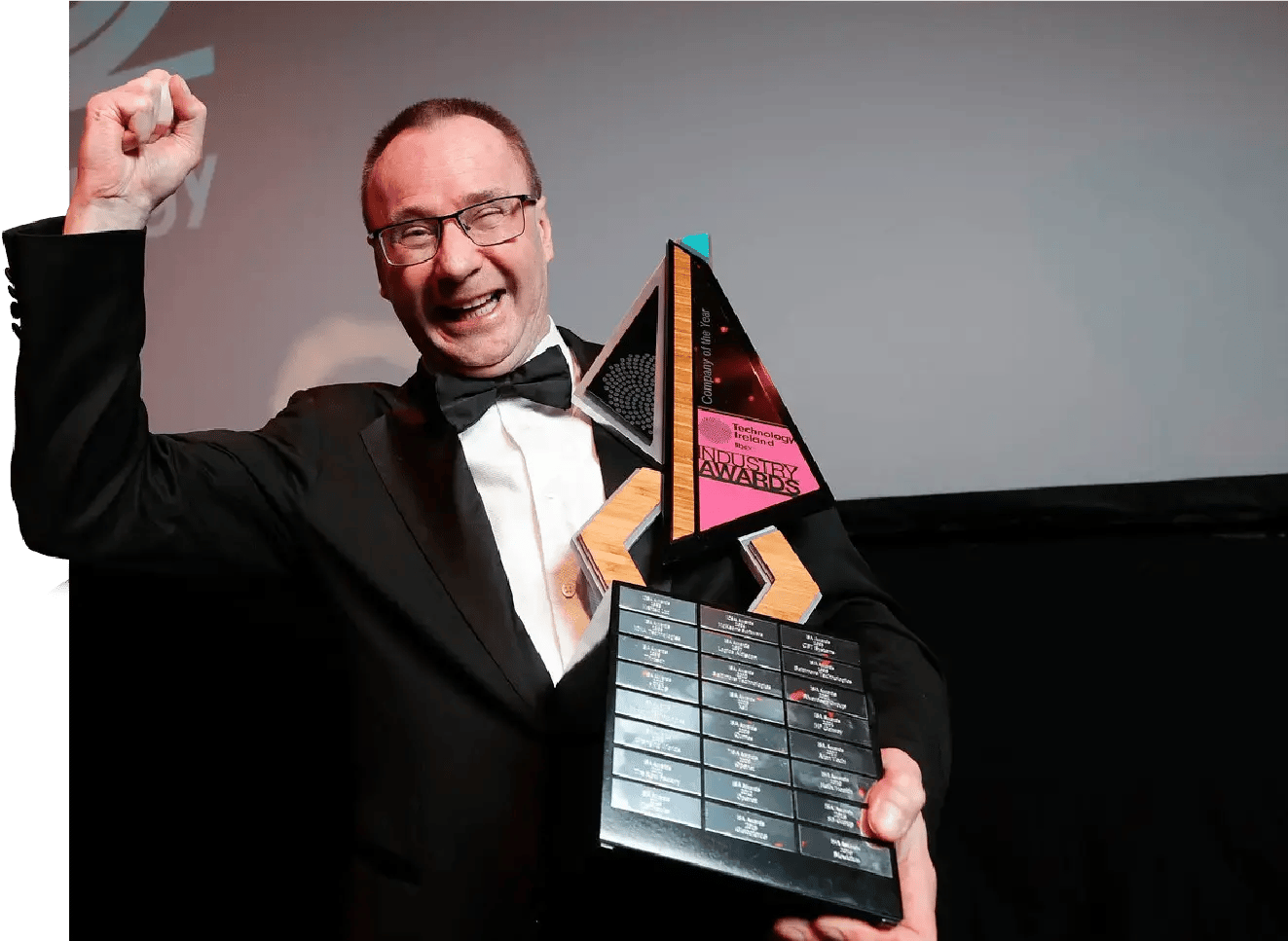 Brian Fahey celebrating the Best Company of the Year award at the Technology Ireland Industry Awards