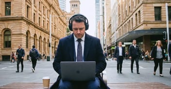 A man in a suit and headphones focuses on a laptop outside in a bustling city street. Surrounding pedestrians and historic buildings create a dynamic urban backdrop.