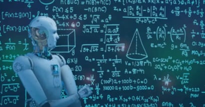 A humanoid robot stands in front of a chalkboard filled with complex mathematical equations and geometric diagrams.