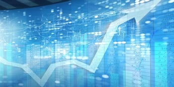 A rising white line graph overlays a blue digital background with financial data, stock market numbers, and abstract technology visuals.
