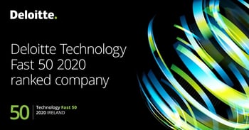 Deloitte Technology Fast 50 2020 ranked company graphic with abstract green and blue design elements on a black background.