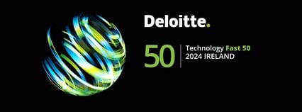 Deloitte logo with 50 Technology Fast 50 2024 IRELAND text, featuring a vibrant, swirling globe design on a black background.