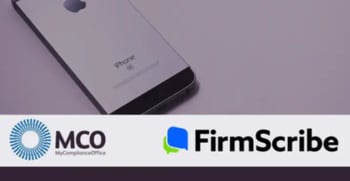 A close-up of a smartphone with an apple logo on the back, along with logos for MyComplianceOffice (MCO) and FirmScribe below it.