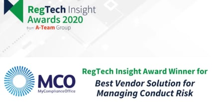 Award banner for MyComplianceOffice, highlighting their win for Best Vendor Solution for Managing Conduct Risk at the 2020 RegTech Insight Awards.