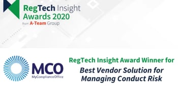 Award banner for MyComplianceOffice, highlighting their win for Best Vendor Solution for Managing Conduct Risk at the 2020 RegTech Insight Awards.