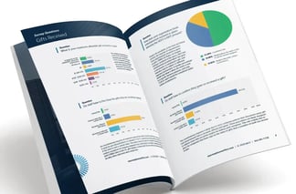 Open report displaying colorful charts, graphs, and text analyzing data and financial information.