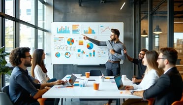 A man stands and points at charts and graphs on a whiteboard while five colleagues sit at a table with laptops, listening during a business meeting.
