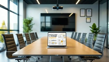 Boardroom with a table and laptop displaying practical steps to strategic compliance.
