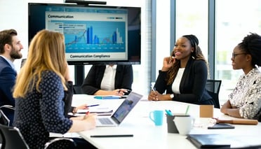 he image features a modern office environment where a diverse group of professionals are attentively listening taking notes and discussing strategies about communication compliance as they listen to a webinar pre
