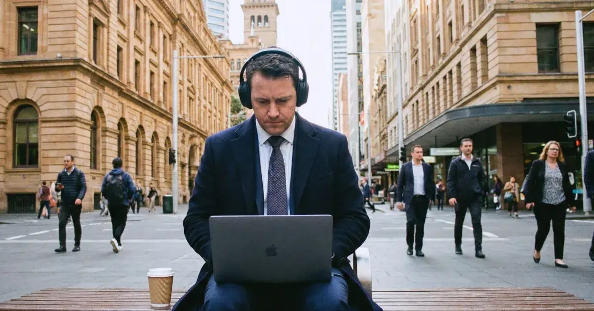 A man in a suit and headphones focuses on a laptop outside in a bustling city street. Surrounding pedestrians and historic buildings create a dynamic urban backdrop.