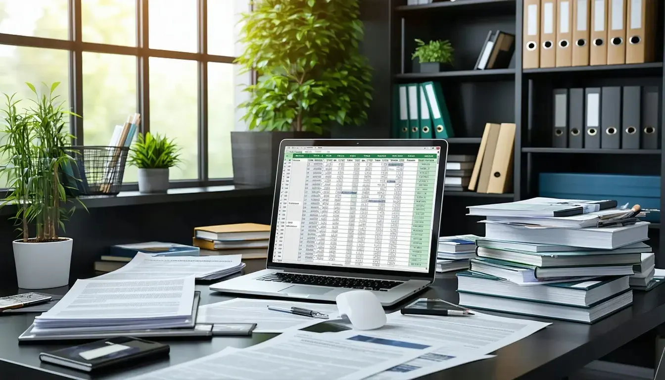 The image depicts a modern office environment with a sleek desk cluttered with an array of books and records A laptop sits open displaying a spreadsheet filled with data highlighting the importance of electronic